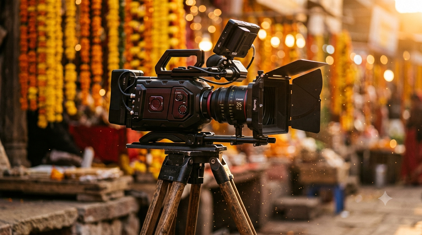 Cinema camera on a tripod at a marigold-decorated venue